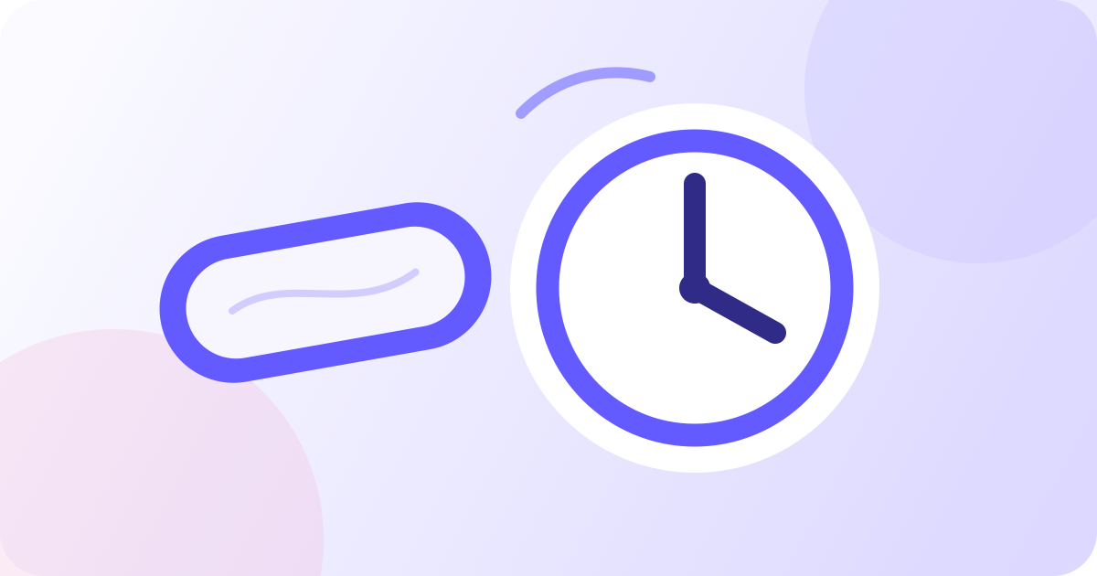 A nicotine pouch beside a simple clock on a soft purple background