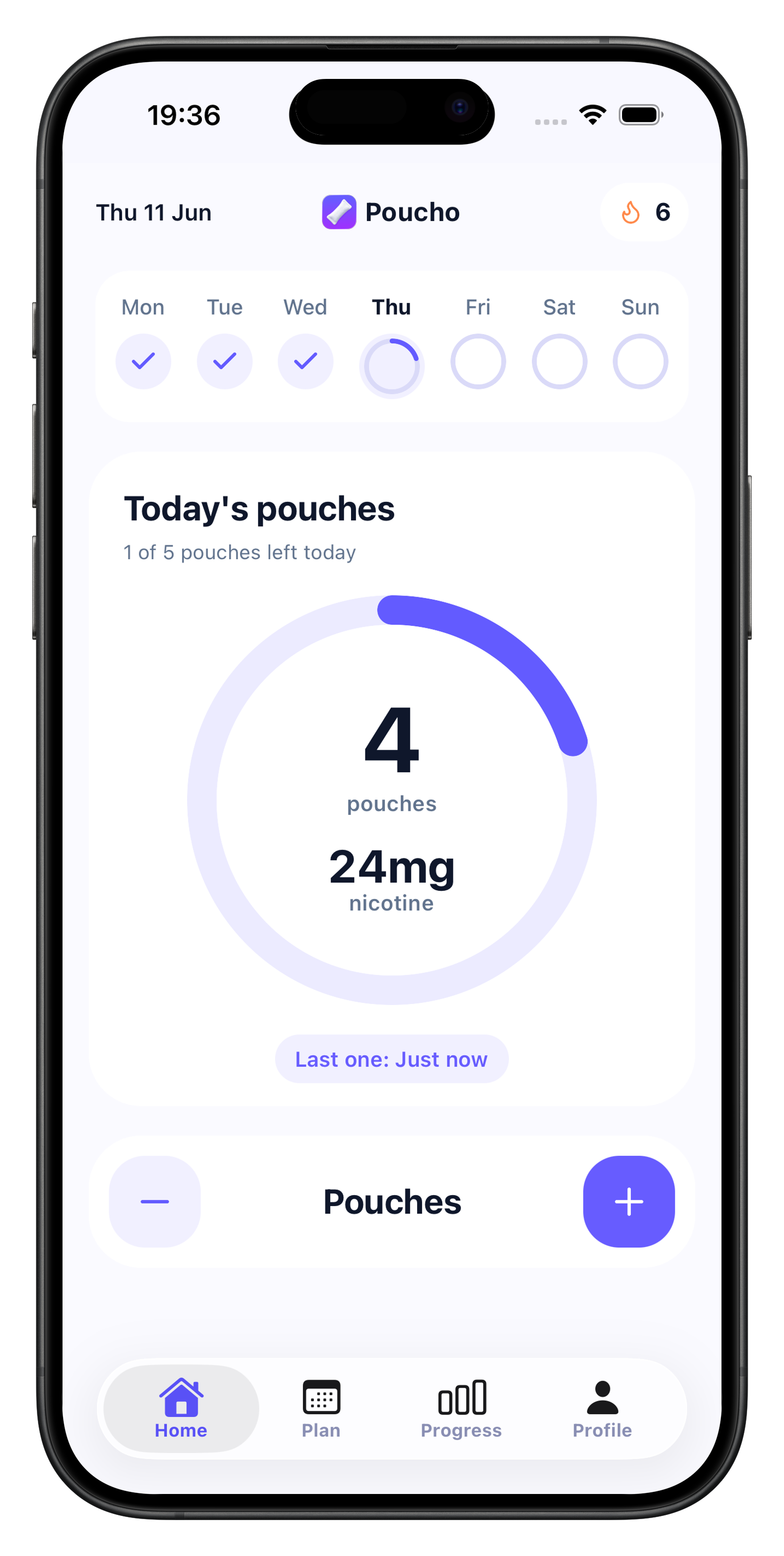 Poucho app dashboard showing today's pouch count and daily progress